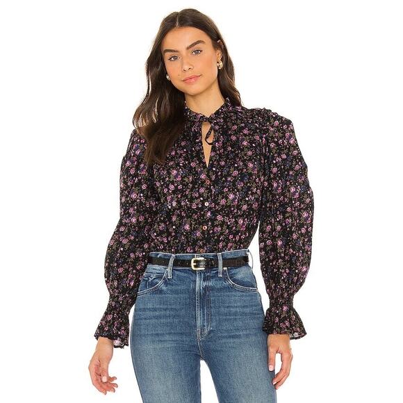 Free People Meant To Be Tie-Neck Blouse in Black Floral Top Long Sleeve - Picture 13 of 13